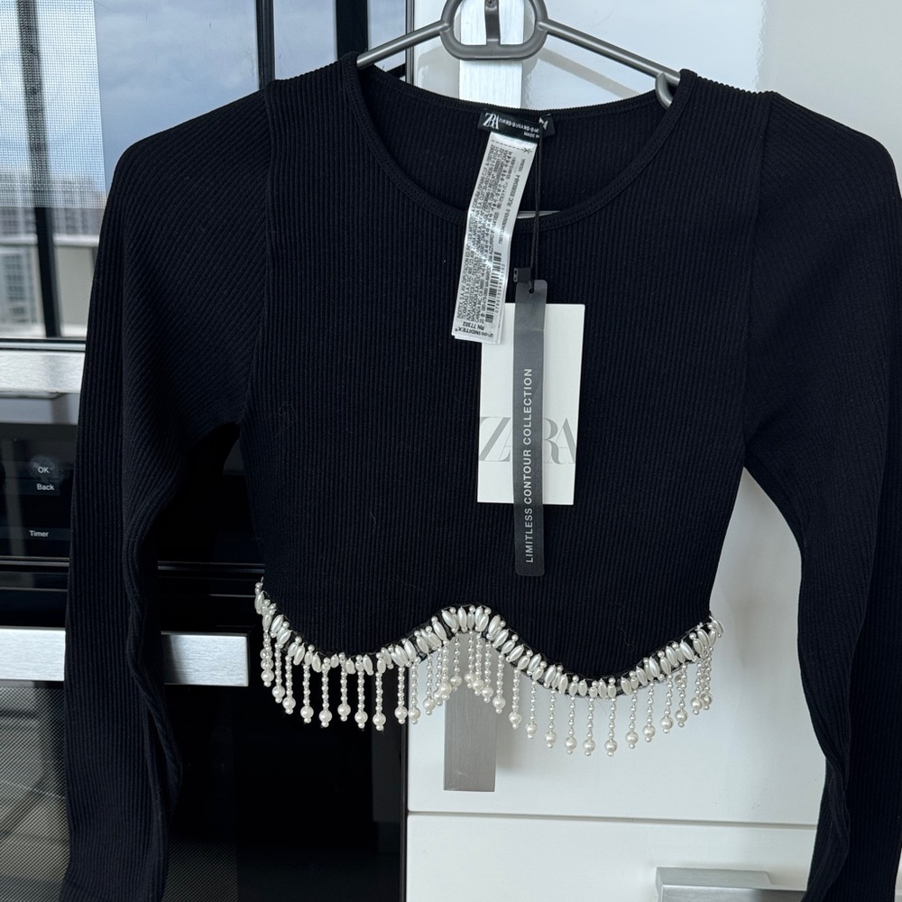 Zara Black Crop Top with Beaded pearl Fringe xs